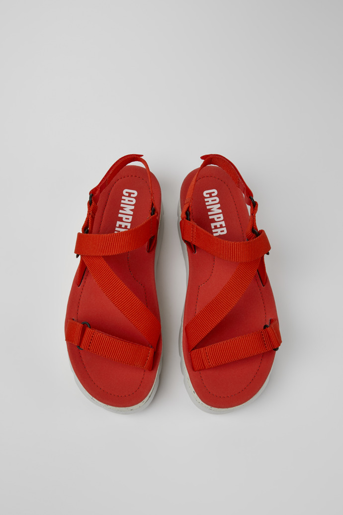 Overhead view of Oruga Up Red recycled PET sandals for women