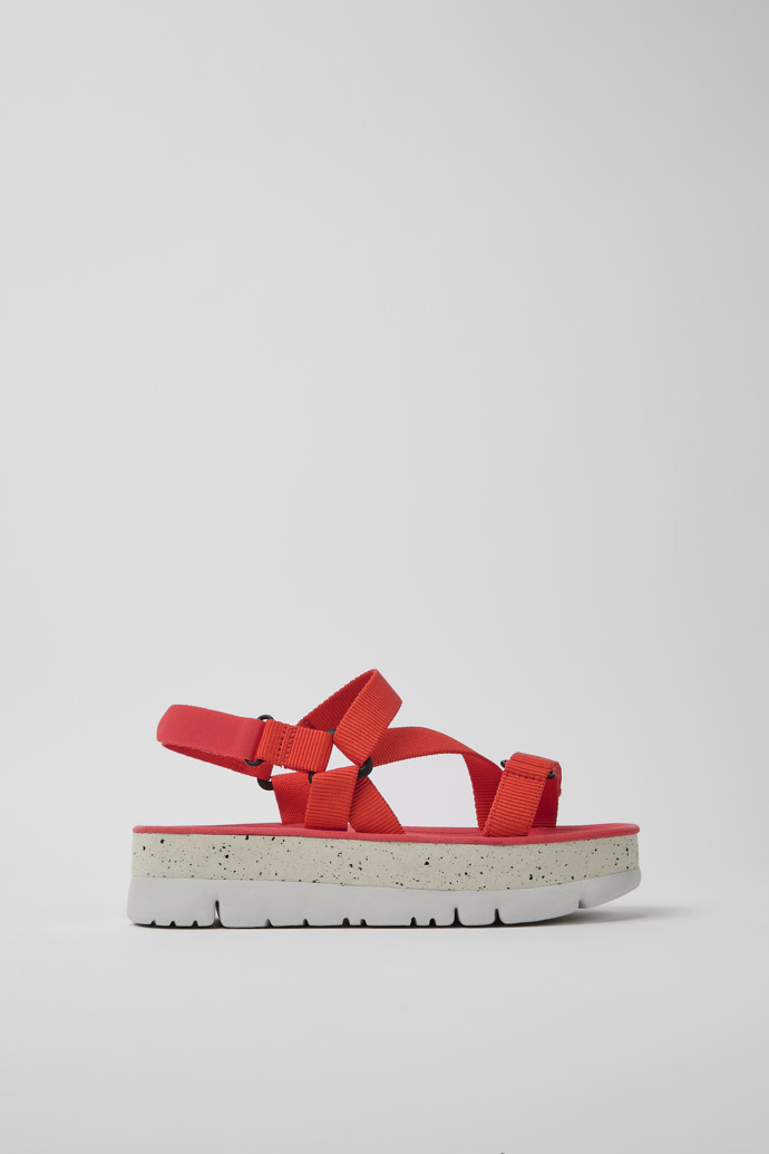 Side view of Oruga Up Red recycled PET sandals for women