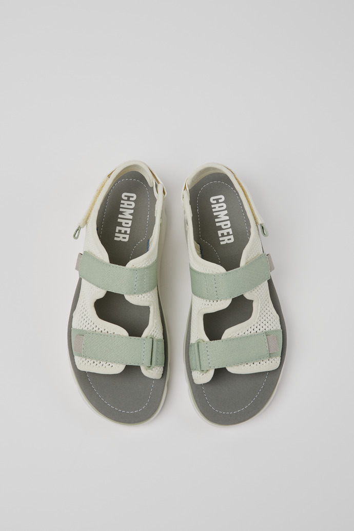 Overhead view of Oruga White, green, and grey sandals for women