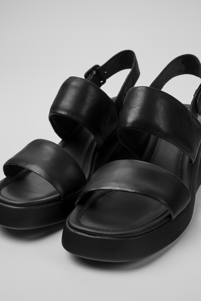 Close-up view of Kaah Black leather sandals for women