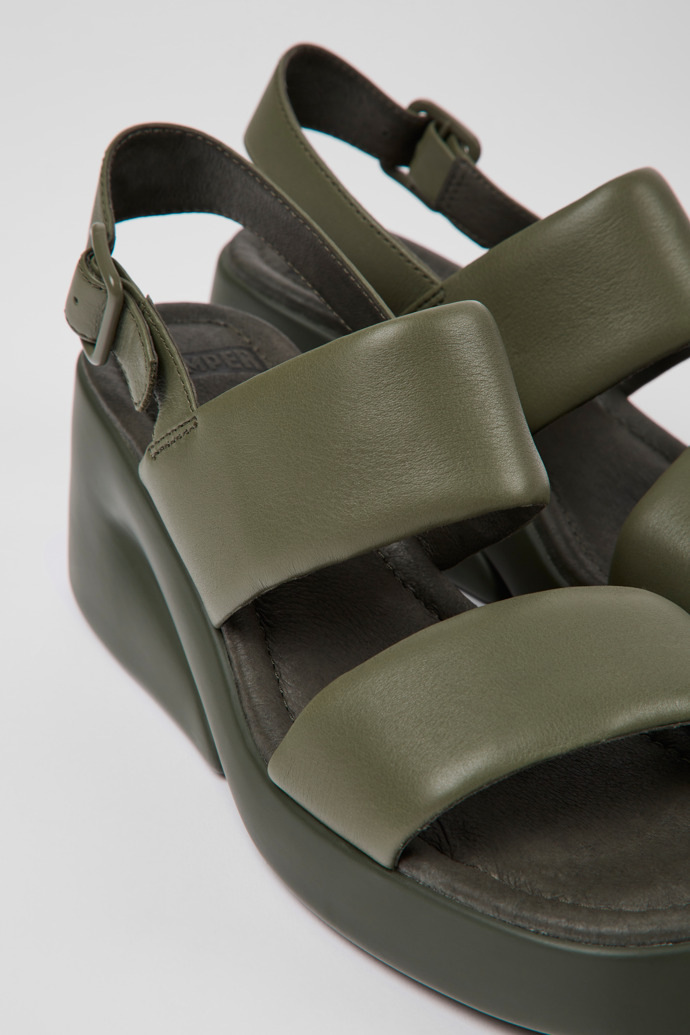 Close-up view of Kaah Green leather sandals for women