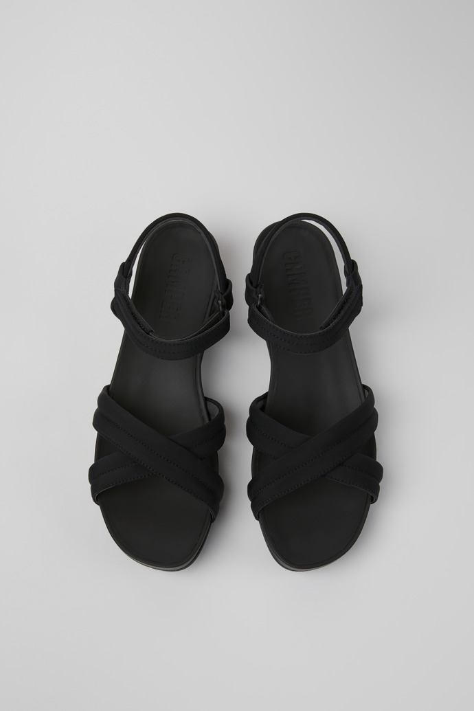 Overhead view of Minikaah Black recycled PET and nylon sandals for women