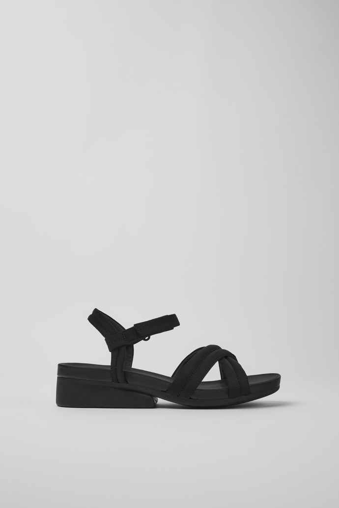 Side view of Minikaah Black recycled PET and nylon sandals for women