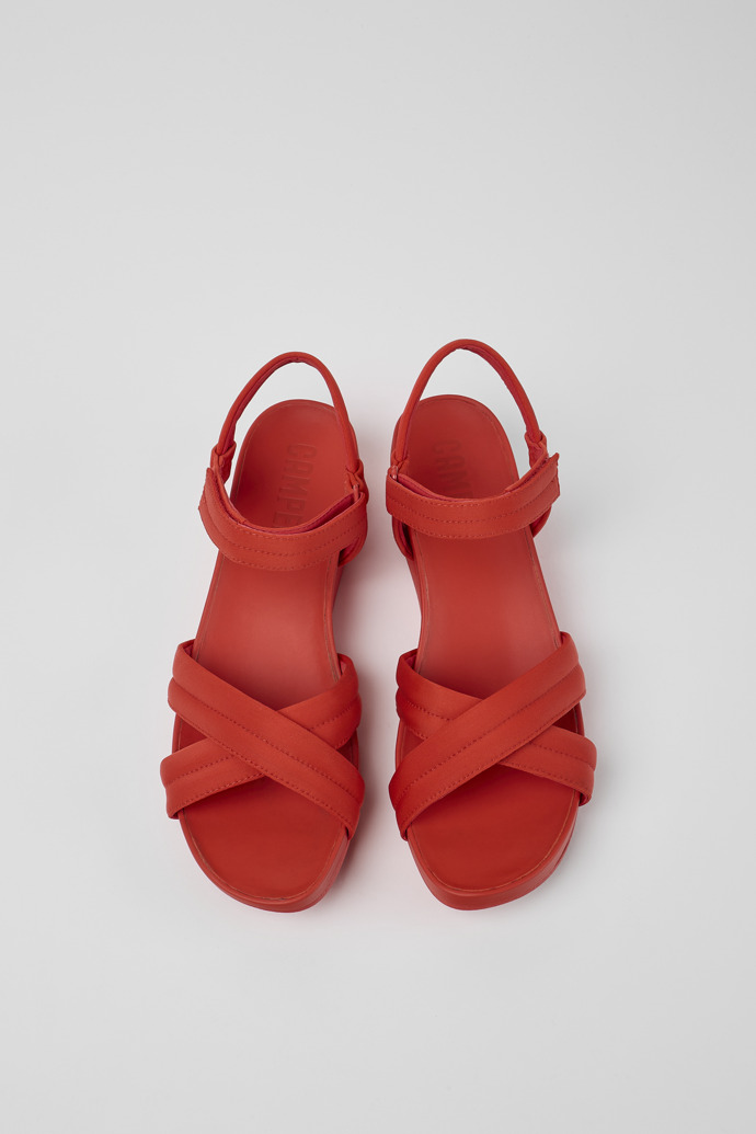Overhead view of Minikaah Red recycled PET and nylon sandals for women
