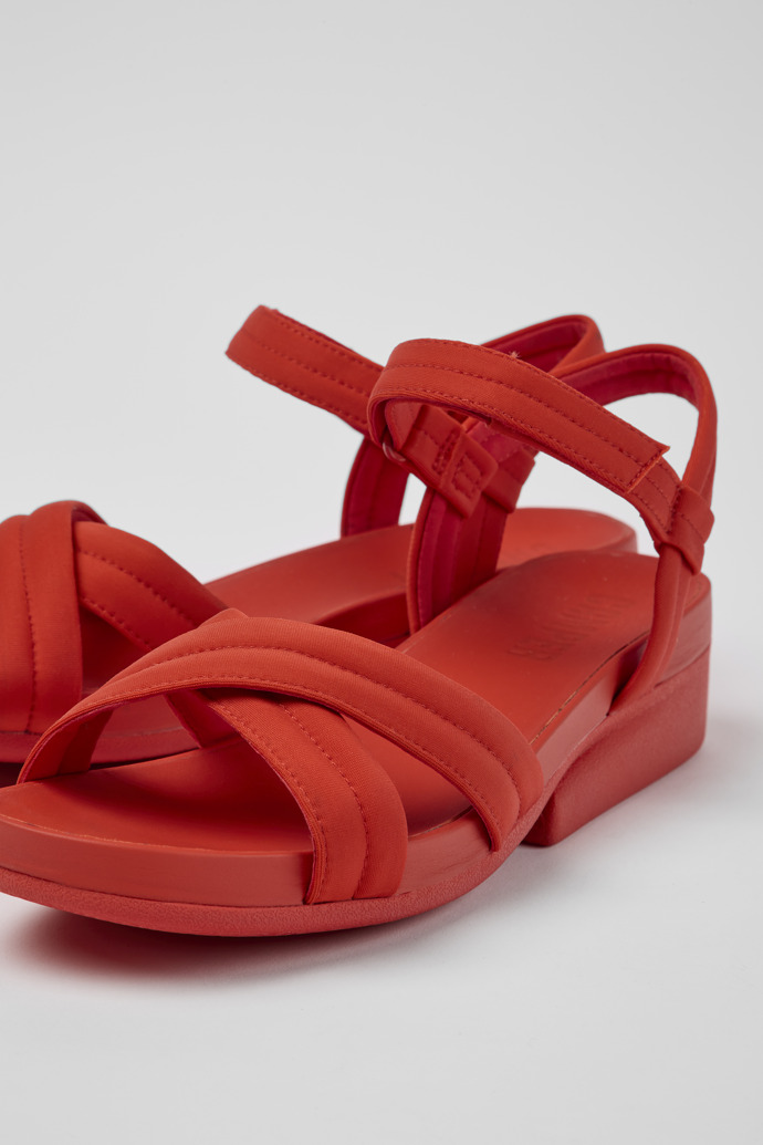 Close-up view of Minikaah Red recycled PET and nylon sandals for women