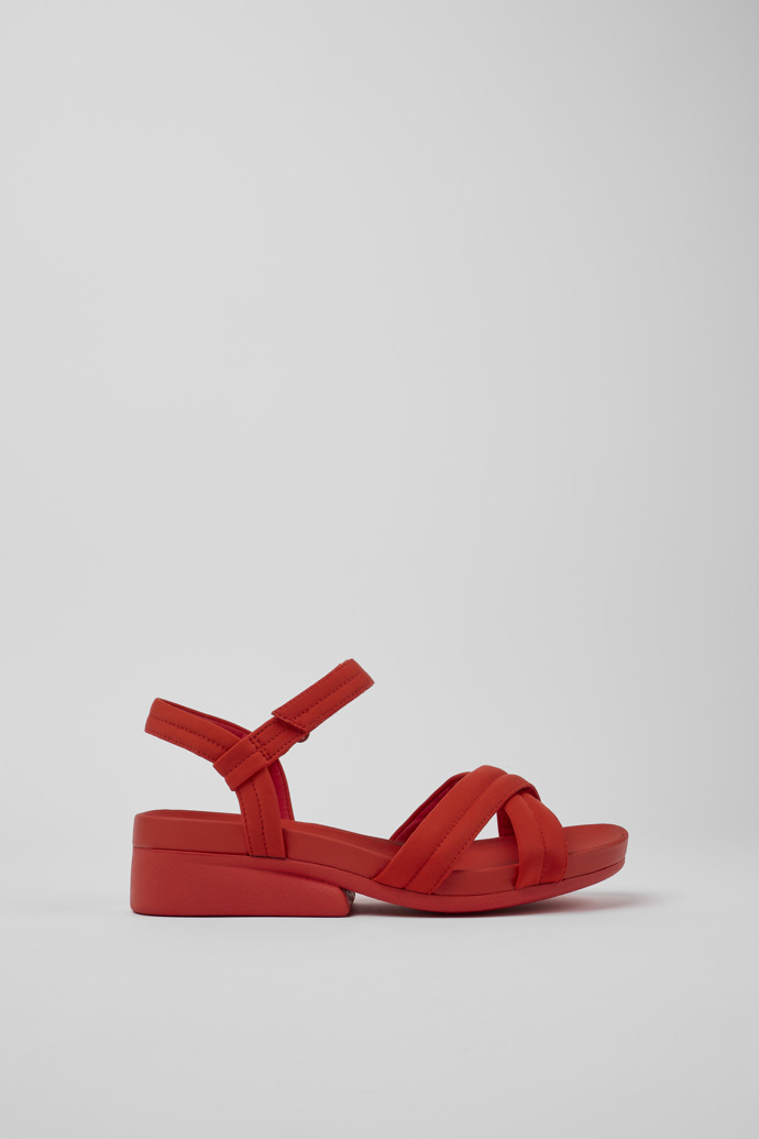 Side view of Minikaah Red recycled PET and nylon sandals for women