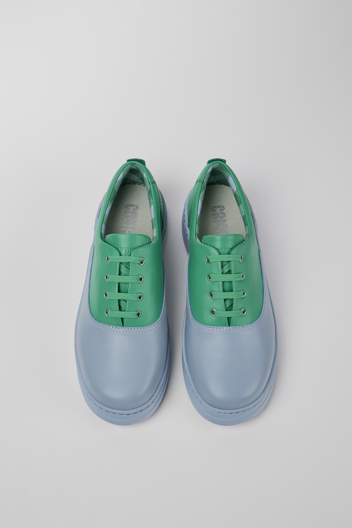 Overhead view of Runner Up Blue and green leather sneakers for women