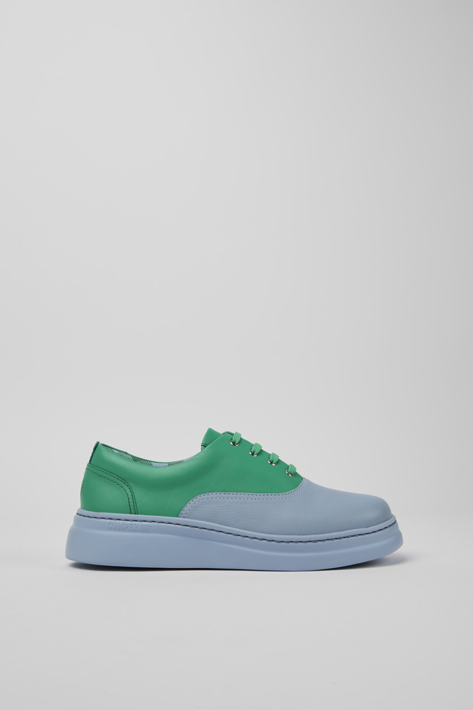 Side view of Runner Up Blue and green leather sneakers for women