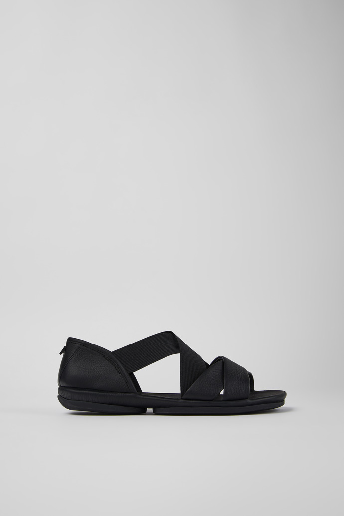 Side view of Right Black Leather Cross-strap Sandal for Women