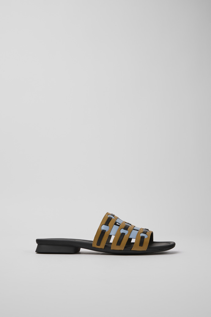 Side view of Twins Brown, blue, and black leather sandals for women