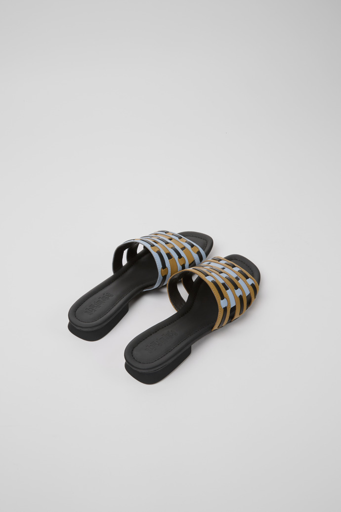 Back view of Twins Brown, blue, and black leather sandals for women