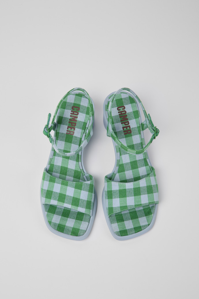 Overhead view of Meda Blue and green recycled cotton sandals for women