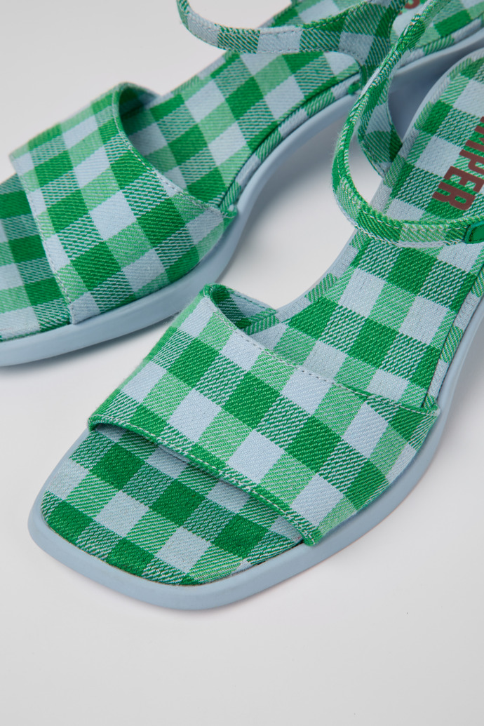 Close-up view of Meda Blue and green recycled cotton sandals for women