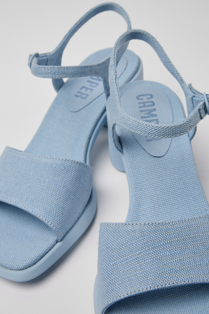 Close-up view of Meda Blue recycled hemp and cotton sandals for women