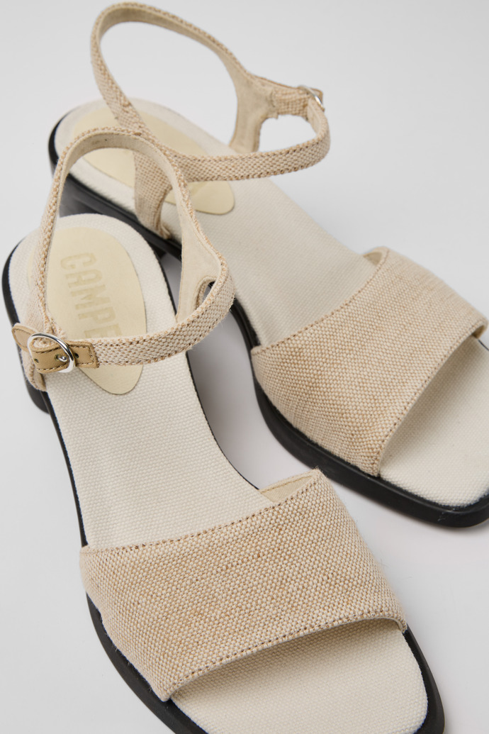 Close-up view of Meda Beige recycled hemp and cotton sandals for women