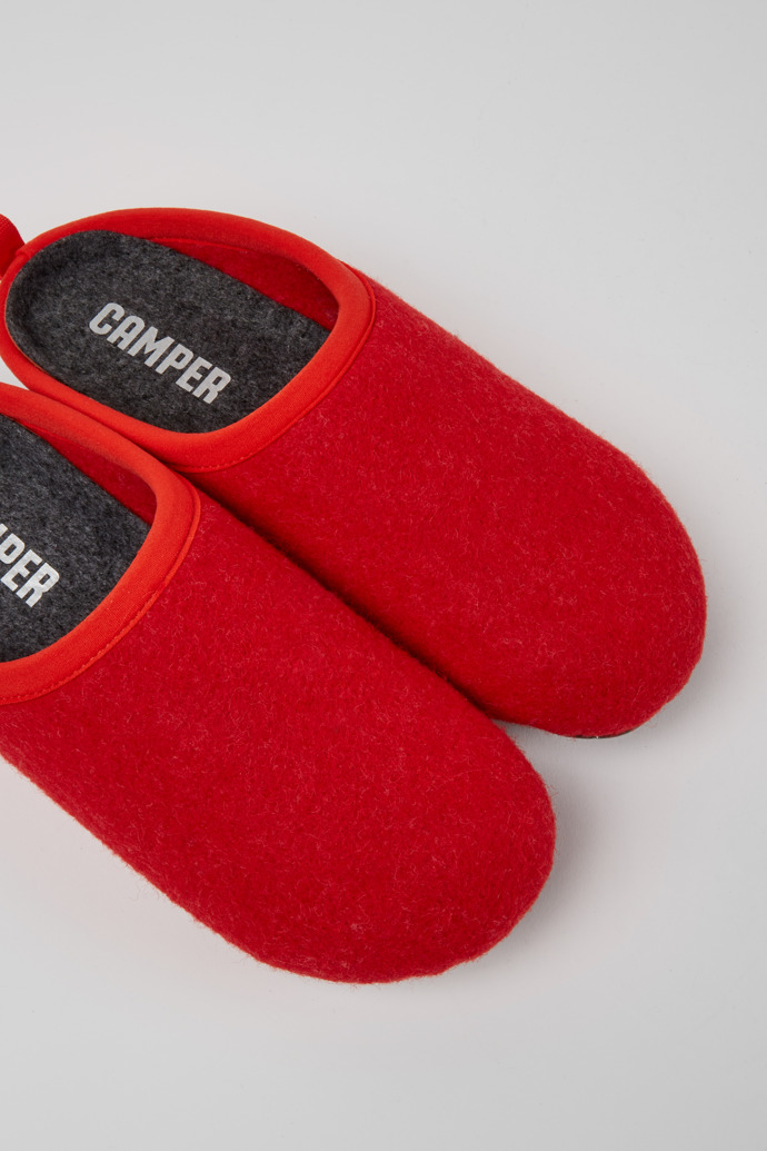 Close-up view of Wabi Red wool women’s slippers