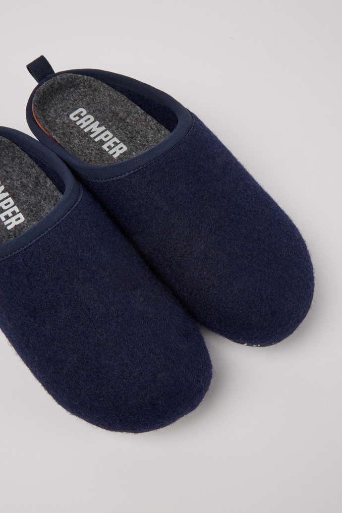 Close-up view of Wabi Blue wool women’s slippers