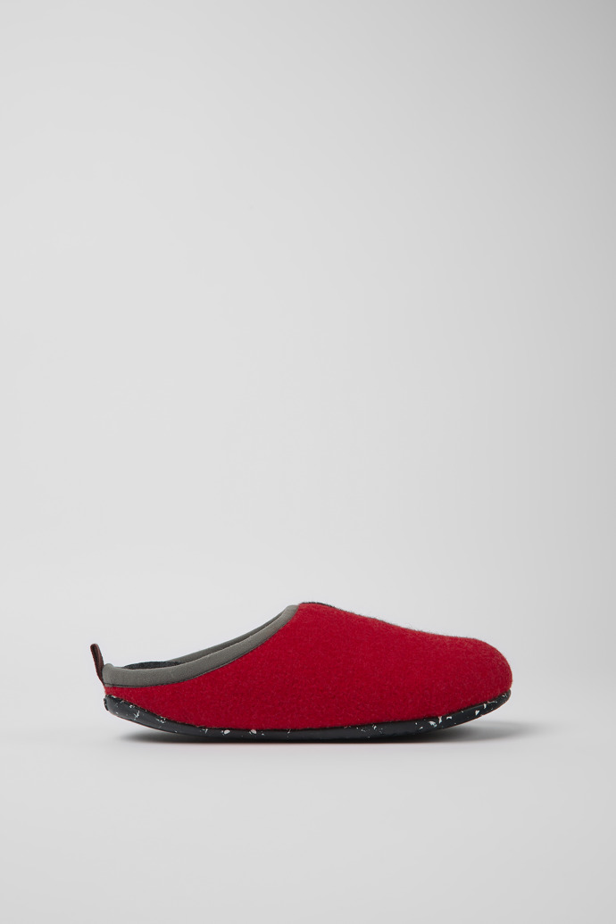 Side view of Twins Gray, red, and burgundy wool slippers for women