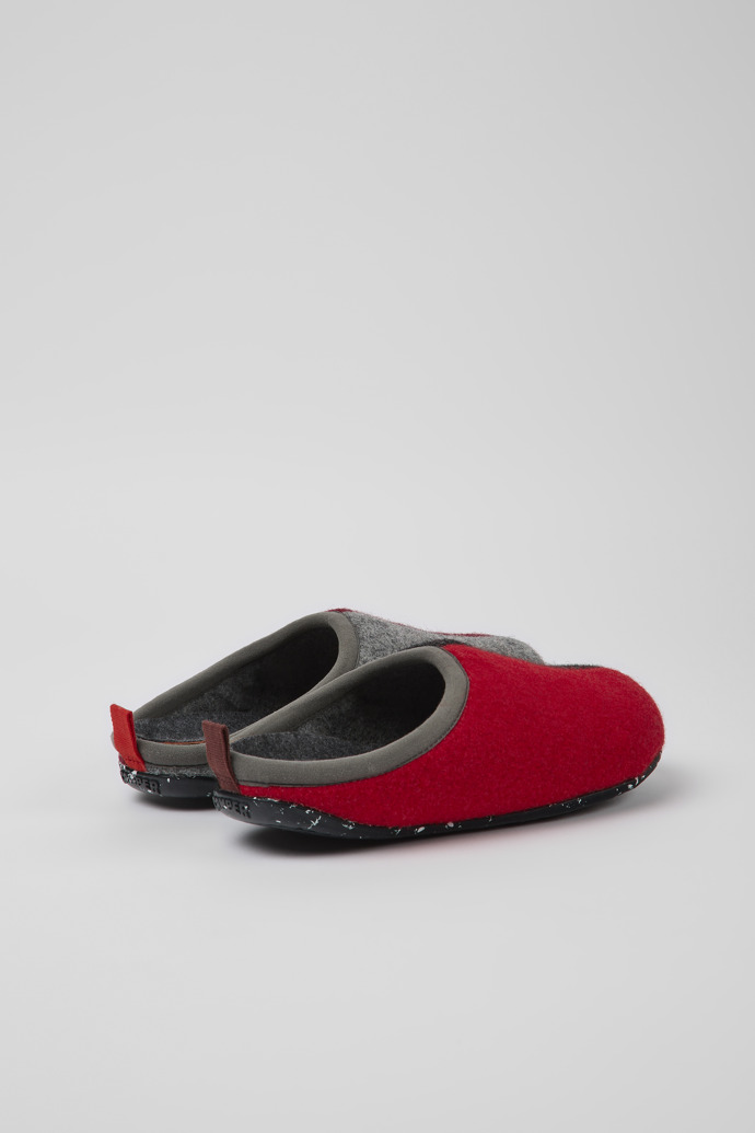 Back view of Twins Gray, red, and burgundy wool slippers for women