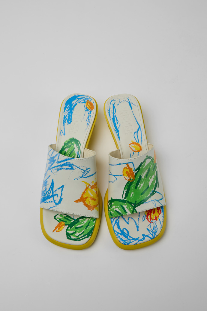 Overhead view of Twins White printed leather slides for women