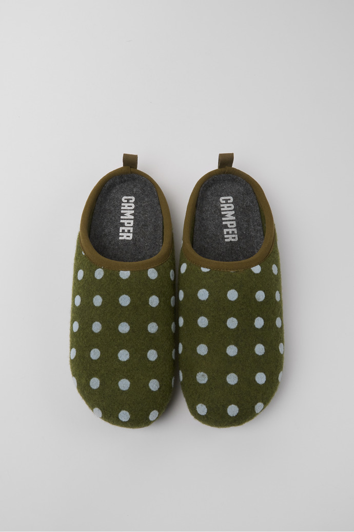 Overhead view of Wabi Green and blue wool women’s slippers
