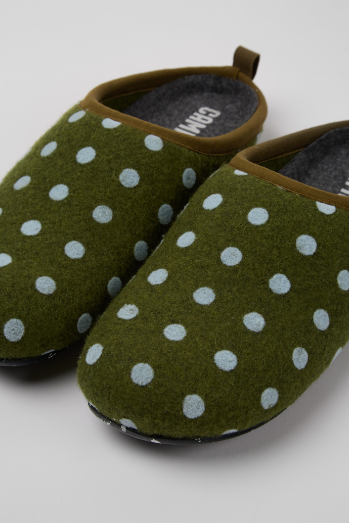 Close-up view of Wabi Green and blue wool women’s slippers
