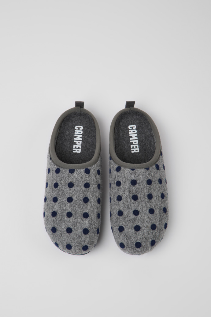 Overhead view of Wabi Gray and blue wool slippers for women