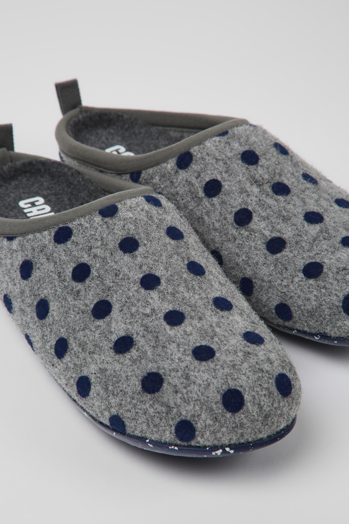 Close-up view of Wabi Gray and blue wool slippers for women