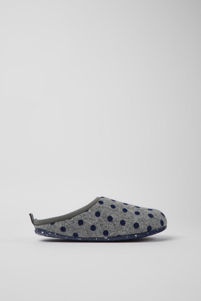 Side view of Wabi Gray and blue wool slippers for women