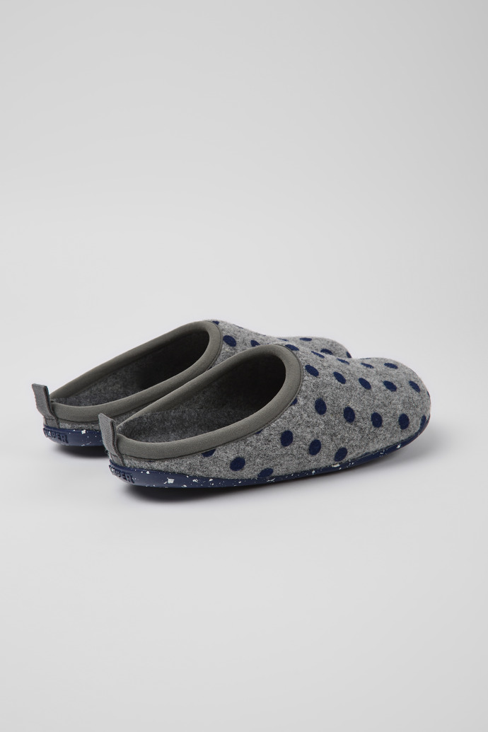 Back view of Wabi Gray and blue wool slippers for women