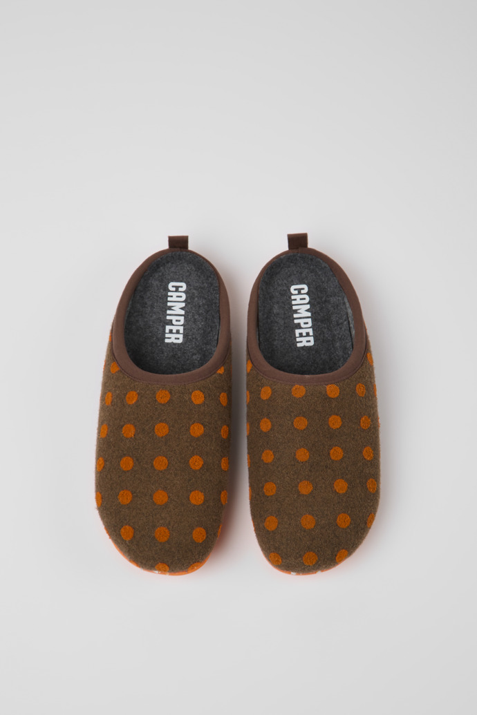 Overhead view of Wabi Brown and orange wool slippers for women