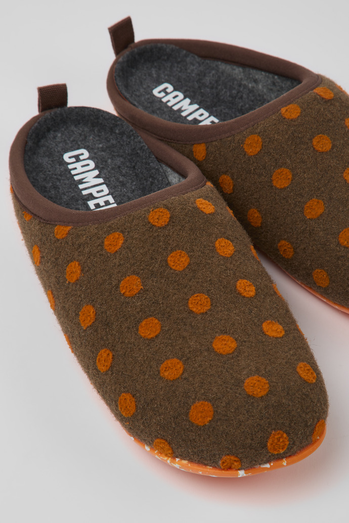 Close-up view of Wabi Brown and orange wool slippers for women