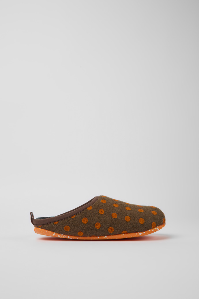 Side view of Wabi Brown and orange wool slippers for women
