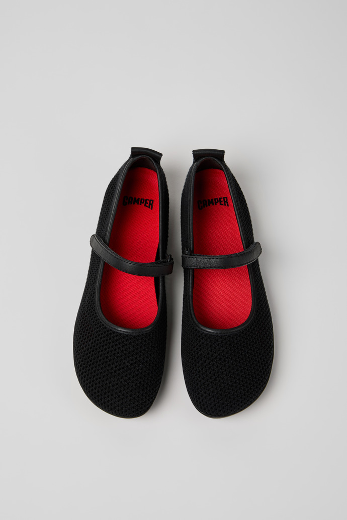 Overhead view of Right Nina Black Tencel Mesh and Leather Ballerinas for Women.