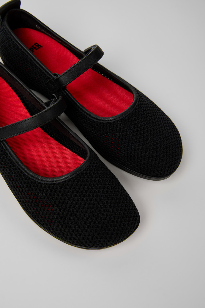 Close-up view of Right Nina Black Tencel Mesh and Leather Ballerinas for Women.