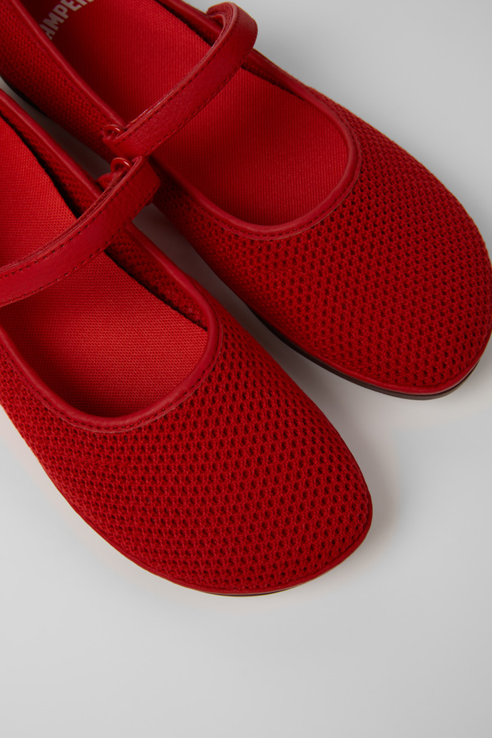 Close-up view of Right Nina Red Tencel Mesh and Leather Ballerinas for Women.