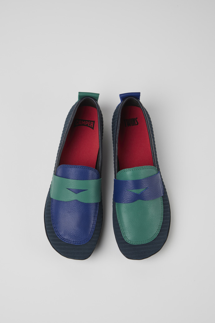 Overhead view of Twins Blue and green recycled leather shoes for women