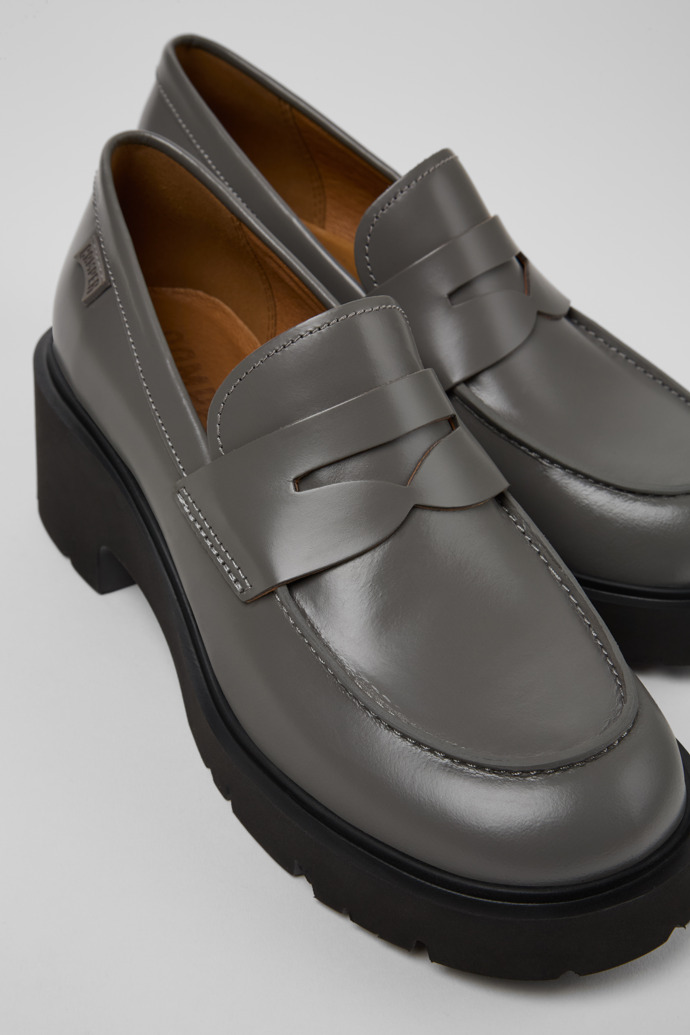 Close-up view of Milah Gray leather loafers for women