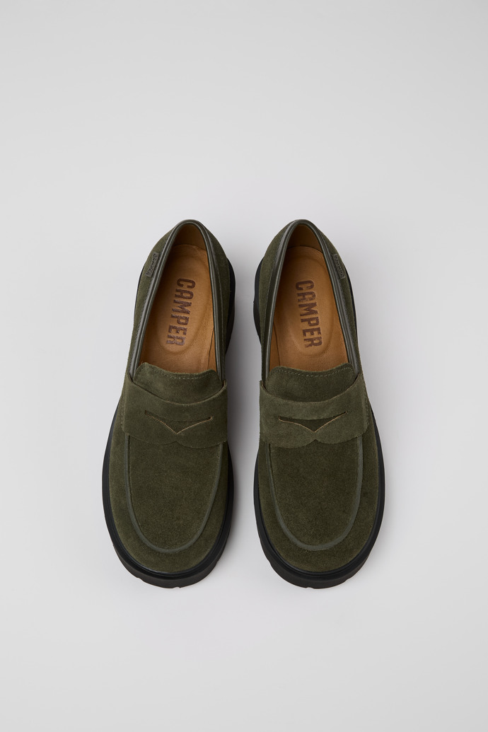 Overhead view of Milah Green nubuck loafers for women