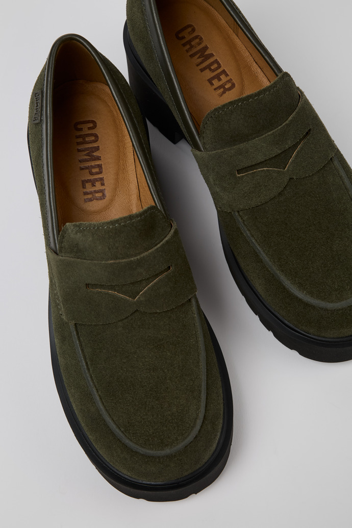 Close-up view of Milah Green nubuck loafers for women