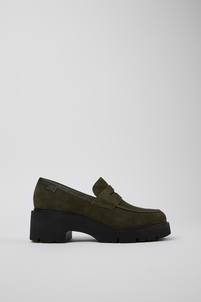 Side view of Milah Green nubuck loafers for women