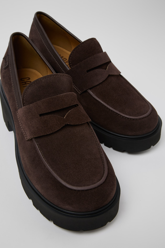 Close-up view of Milah Brown nubuck loafers for women