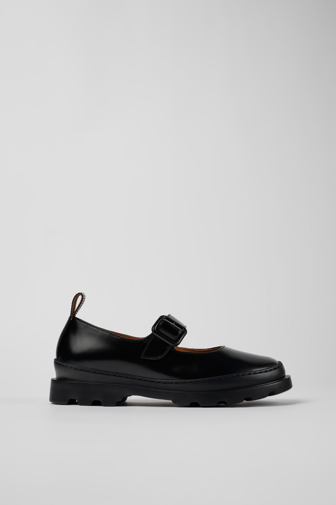 Side view of Brutus Black leather Mary Jane flats for women