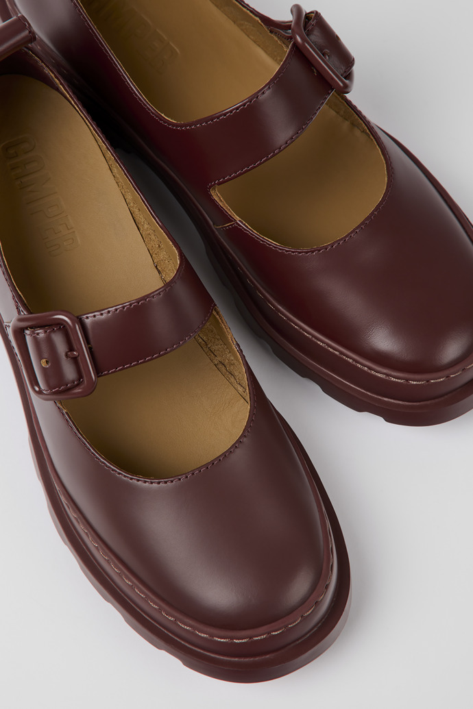 Close-up view of Brutus Burgundy leather Mary Jane flats for women