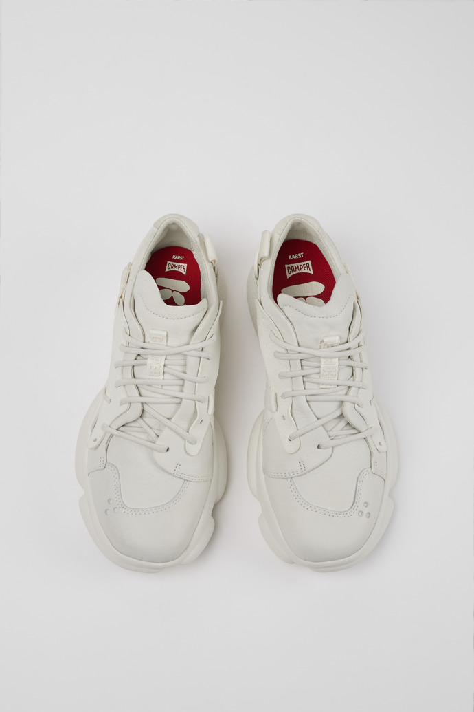 Overhead view of Karst White non-dyed leather sneakers for women