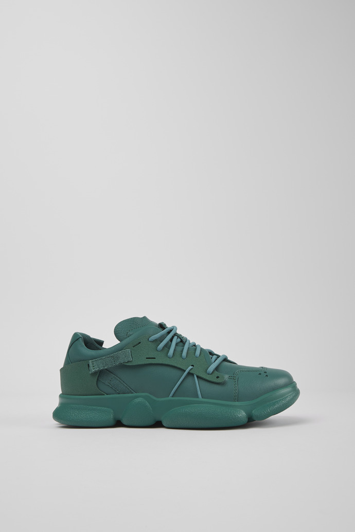 Side view of Karst Green leather and textile sneakers for women