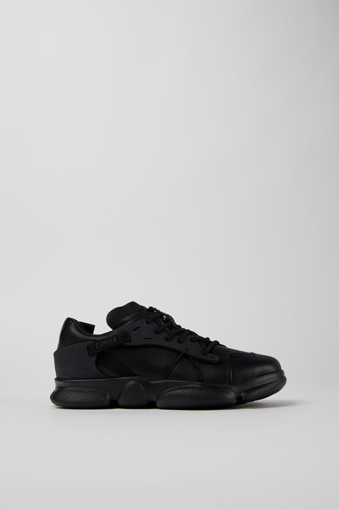 Image of Side view of Karst Black leather and textile sneakers for women