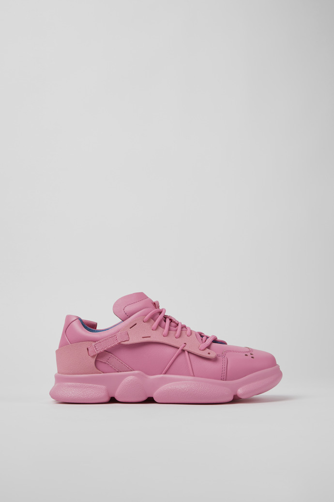Side view of Karst Pink leather and textile sneakers for women