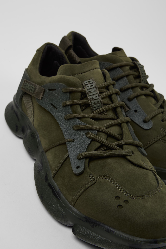 Close-up view of Karst Green nubuck and textile sneakers for women