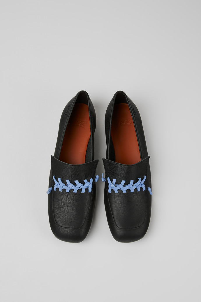 Overhead view of Casi Myra Black and blue leather loafers for women